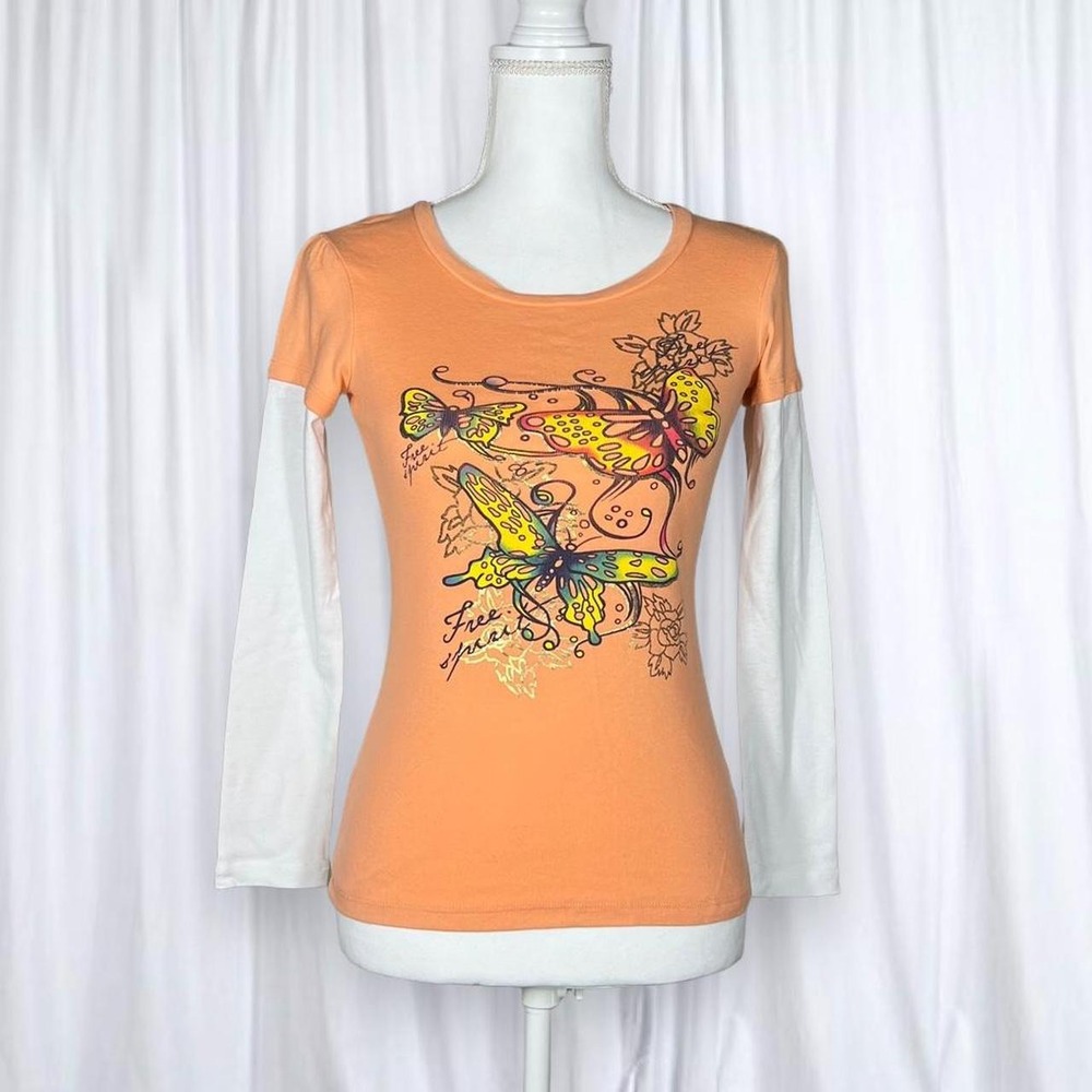 M. Fasis by California Blue Butterfly Graphic Layered Long Sleeve Top Y2K